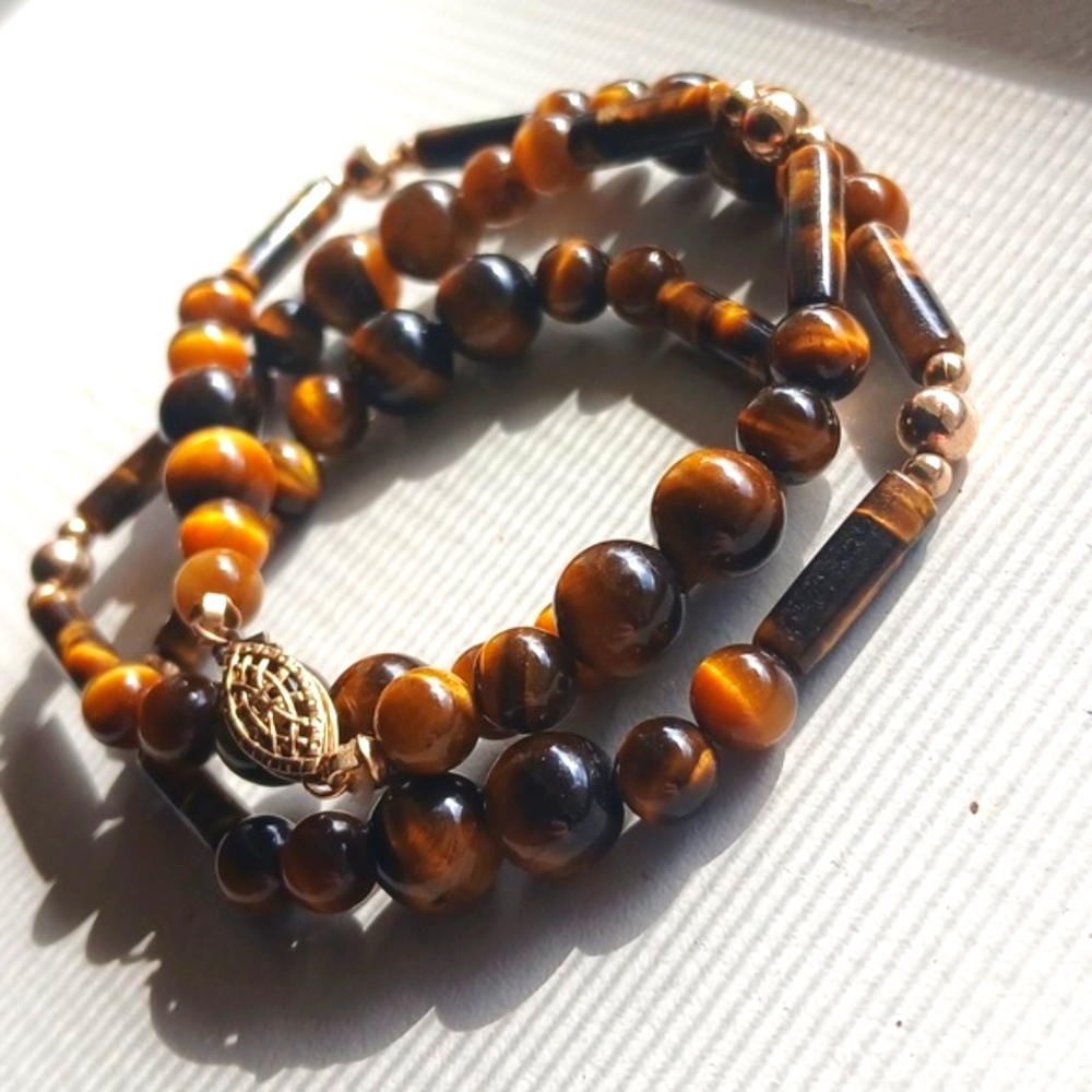 Stunning Solid 10k Ball Bead Tiger Eye Necklace Vintage Clasp 14k GP
